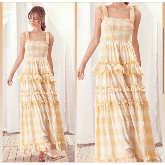 Storia Sunny Days Tiered Layered Plaid Ruffle Smocked Maxi Dress NWT Sz M - Picture 2 of 7